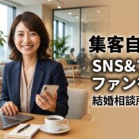 日当たりの良い都会のオフィスで、笑顔でスマートフォンとノートパソコンを指す結婚相談所アドバイザーの日本人女性