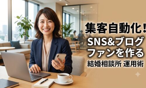 日当たりの良い都会のオフィスで、笑顔でスマートフォンとノートパソコンを指す結婚相談所アドバイザーの日本人女性