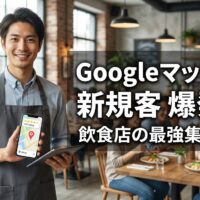 Googleマップを活用した飲食店集客の秘訣を解説するアイキャッチ画像。自信満々な日本人レストラン店主の男性と、地図上に「新規客 爆発!」の文字が描かれている。