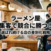 活気あるラーメン屋の店内で、自信を持って顧客を案内する笑顔の日本人男性店主。