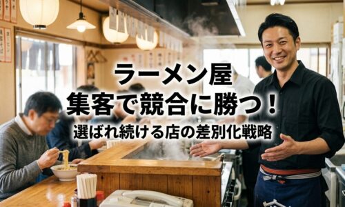活気あるラーメン屋の店内で、自信を持って顧客を案内する笑顔の日本人男性店主。