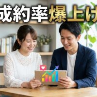 ノートパソコンを見ながら相談する男女、結婚相談所のWeb集客と成約率向上をイメージした写真。