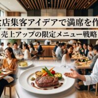 賑わう店内で提供される、飲食店の集客と売上アップを狙った特別な限定メニューの料理写真