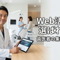 現代的な歯科医院のデスクで、タブレットを手にウェブ活用と成功をイメージさせる confident な日本人男性歯科医師の高品質なアイキャッチ画像