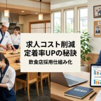 日本のレストランで、右側にHR分析ダッシュボード(採用コスト削減と定着率向上のグラフ)を確認するリラックスしたマネージャーと、背景で調和して働くベテランスタッフと新人の安定した長期雇用チームが見える持続可能な職場環境の様子。