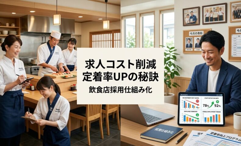 日本のレストランで、右側にHR分析ダッシュボード(採用コスト削減と定着率向上のグラフ)を確認するリラックスしたマネージャーと、背景で調和して働くベテランスタッフと新人の安定した長期雇用チームが見える持続可能な職場環境の様子。