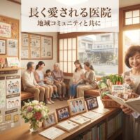 地元コミュニティで愛される地域密着型クリニックの温かい16:9画像。右側約1/3に50〜60歳の温かく祖父のような親しみやすい男性クリニック院長が、医院ロゴ繍入りの清潔で使い込まれた白衣を着用し、両手でサンキューレターアルバムを開いて真心込めて微笑んでいる。彼の隣には20年間の治療に感謝する地元の贈り物バスケットを持った長年の忠実な患者夫婦(中村家 - 複数世代に渡る患者)が立っている。左側と中央背景には古くからの友人のようにおしゃべりする3〜4人の地域常連患者(高齢者と子供連れの家族混合)のグループ、コミュニティ写真(地域祭参加、学校歯科衛生クラス、町内会イベント)で覆われた掲示板、感謝する患者からの手作りの贈り物(ニットコースター、折り紙の花、地元陶器)が並ぶ木製棚が見える。