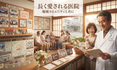 地元コミュニティで愛される地域密着型クリニックの温かい16:9画像。右側約1/3に50〜60歳の温かく祖父のような親しみやすい男性クリニック院長が、医院ロゴ繍入りの清潔で使い込まれた白衣を着用し、両手でサンキューレターアルバムを開いて真心込めて微笑んでいる。彼の隣には20年間の治療に感謝する地元の贈り物バスケットを持った長年の忠実な患者夫婦(中村家 - 複数世代に渡る患者)が立っている。左側と中央背景には古くからの友人のようにおしゃべりする3〜4人の地域常連患者(高齢者と子供連れの家族混合)のグループ、コミュニティ写真(地域祭参加、学校歯科衛生クラス、町内会イベント)で覆われた掲示板、感謝する患者からの手作りの贈り物(ニットコースター、折り紙の花、地元陶器)が並ぶ木製棚が見える。