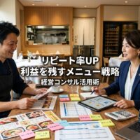 明るいレストラン内で日本人オーナーとビジネスコンサルタントが木製テーブルでメニュー試作品・財務スプレッドシート・利益分析資料を共同レビューし、協働的な表情で戦略的メニュー設計を行っている様子。