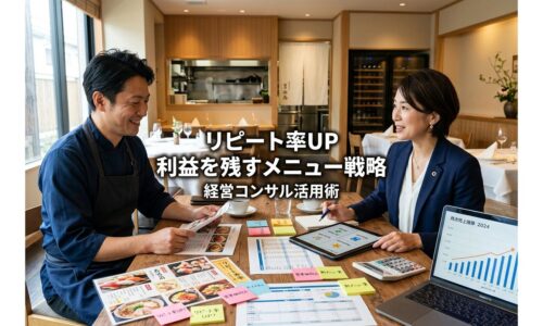 明るいレストラン内で日本人オーナーとビジネスコンサルタントが木製テーブルでメニュー試作品・財務スプレッドシート・利益分析資料を共同レビューし、協働的な表情で戦略的メニュー設計を行っている様子。