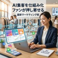 明るい現代的な店舗で日本人経営者がノートパソコンでAI自動化マーケティングダッシュボードを確認し、背景には買い物を楽しむ顧客と成長するビジネスが見える自動集客システムの様子。