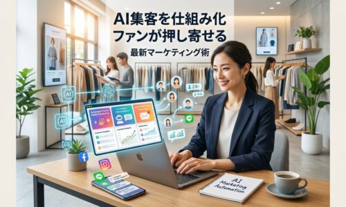 明るい現代的な店舗で日本人経営者がノートパソコンでAI自動化マーケティングダッシュボードを確認し、背景には買い物を楽しむ顧客と成長するビジネスが見える自動集客システムの様子。