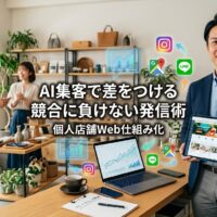 明るい個人店舗で自信に満ちた日本人オーナーがタブレットで高エンゲージメントのWebサイトとSNSフィードを表示し、背景には買い物を楽しむ顧客と整理された商品ディスプレイがある繁盛店の様子。