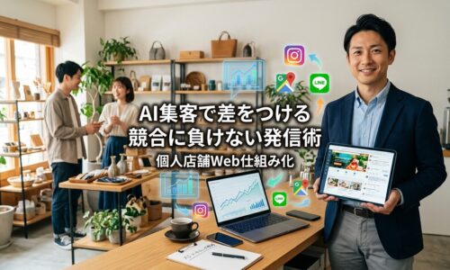 明るい個人店舗で自信に満ちた日本人オーナーがタブレットで高エンゲージメントのWebサイトとSNSフィードを表示し、背景には買い物を楽しむ顧客と整理された商品ディスプレイがある繁盛店の様子。