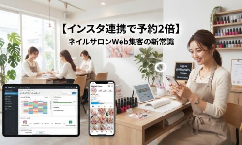 明るい自然光が差し込むモダンな日本ネイルサロンで、右側に自信に満ちた女性ネイルアーティスト(25〜40歳)がスマートフォンで高エンゲージメントのInstagramプロフィール(美しいネイルアート投稿・ストーリーズハイライト・バイオの予約リンク表示)を確認している様子。背景には複数の顧客がマニキュア施術を受け、エレガントな照明・植物・カラフルなネイルポリッシュディスプレイが配置された繁盛サロンの光景。