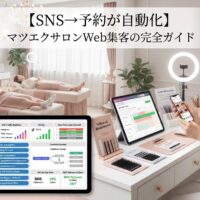明るく高級感のある日本マツエクサロンで、右側にエレガントな白またはパステルユニフォームの女性アイリスト(25〜40歳)がスマートフォンでInstagram(劇的なビフォーアフターまつ毛写真・高エンゲージメント・バイオ予約リンク表示)を確認している様子。背景には2〜3人の顧客が快適なトリートメントベッドでまつ毛エクステ施術を受け、ソフトな照明・リングライト付きミラー・観葉植物・ローズゴールドアクセントの洗練された内装の繁盛サロンの光景。