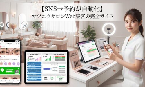 明るく高級感のある日本マツエクサロンで、右側にエレガントな白またはパステルユニフォームの女性アイリスト(25〜40歳)がスマートフォンでInstagram(劇的なビフォーアフターまつ毛写真・高エンゲージメント・バイオ予約リンク表示)を確認している様子。背景には2〜3人の顧客が快適なトリートメントベッドでまつ毛エクステ施術を受け、ソフトな照明・リングライト付きミラー・観葉植物・ローズゴールドアクセントの洗練された内装の繁盛サロンの光景。