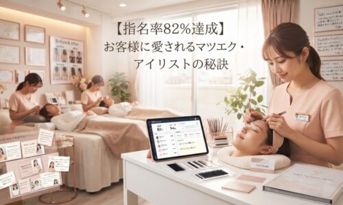 明るく親密で高級感のある日本マツエクサロンで、右側に温かく親しみやすい女性アイリスト(25〜40歳)がエレガントな白またはパステルユニフォームで清潔なラッシュステーションに座り、丁寧に顧客のまつ毛施術を行いながら、デスクのタブレットに顧客指名統計(指名率70〜80%・リピート顧客名・ロイヤルティ指標・個別顧客メモ)が表示されている様子。背景には2〜3人の幸せな常連顧客が快適なトリートメントベッドで施術を受け、強い信頼関係・感謝カード壁・ビフォーアフターギャラリー・観葉植物・ローズゴールドアクセントの温かい雰囲気の繁盛サロンの光景。