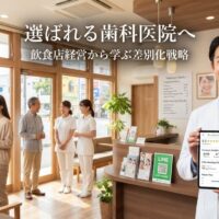 明るく開放感のあるスタイリッシュな歯科医院の16:9 アイキャッチ画像。右側約1/3に30〜45歳のプロフェッショナルな男性歯科医院院長が清潔な白衣を着用し、笑顔でタブレット端末を持っており、画面にはGoogleマップでの評価★5.0・予約カレンダー・Instagram分析ダッシュボードが表示されている。左側と中央背景には温かみのある木目調インテリアの歯科医院が広がり、2〜3人の満足そうな患者が診療エリアの近くでスタッフと会話している。壁には医院理念の額縁、診療メニュー、患者様の笑顔の写真掲示板、温かいペンダントライト、観葉植物が配置されている。
