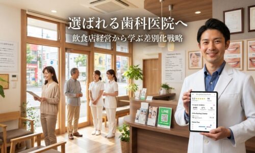 明るく開放感のあるスタイリッシュな歯科医院の16:9 アイキャッチ画像。右側約1/3に30〜45歳のプロフェッショナルな男性歯科医院院長が清潔な白衣を着用し、笑顔でタブレット端末を持っており、画面にはGoogleマップでの評価★5.0・予約カレンダー・Instagram分析ダッシュボードが表示されている。左側と中央背景には温かみのある木目調インテリアの歯科医院が広がり、2〜3人の満足そうな患者が診療エリアの近くでスタッフと会話している。壁には医院理念の額縁、診療メニュー、患者様の笑顔の写真掲示板、温かいペンダントライト、観葉植物が配置されている。