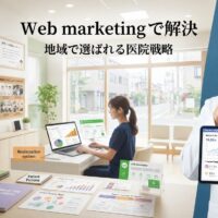 明るい自然光が差し込むモダンな歯科医院の戦略オフィスで、右側に35〜45歳の自信に満ちた男性歯科医院院長が清潔な白衣を着用し、包括的なWebマーケティングダッシュボードを表示したタブレット端末を持っている。左側と中央背景には女性スタッフがノートパソコンでGoogleアナリティクスやLINE自動化ダッシュボードを操作し、壁掛けモニターにはGoogleマップの地域SEO順位が表示されている。壁には医院理念額縁、患者様の声ボード、マーケティングファネル図、地域の協力店との写真。デスクにはマーケティング戦略ノート、患者ペルソナ図、競合分析チャートが並ぶ。