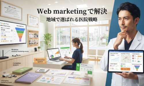 明るい自然光が差し込むモダンな歯科医院の戦略オフィスで、右側に35〜45歳の自信に満ちた男性歯科医院院長が清潔な白衣を着用し、包括的なWebマーケティングダッシュボードを表示したタブレット端末を持っている。左側と中央背景には女性スタッフがノートパソコンでGoogleアナリティクスやLINE自動化ダッシュボードを操作し、壁掛けモニターにはGoogleマップの地域SEO順位が表示されている。壁には医院理念額縁、患者様の声ボード、マーケティングファネル図、地域の協力店との写真。デスクにはマーケティング戦略ノート、患者ペルソナ図、競合分析チャートが並ぶ。