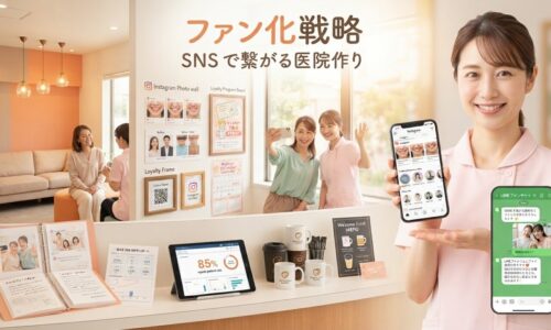 明るく親しみやすいモダンな歯科医院のファン交流スペースで、右側に30〜40歳の女性歯科衛生士がパステルピンクの医療ユニフォームを着て、温かい笑顔でInstagramフィードやLINEファンコミュニティを表示したスマートフォンを持っている様子。左側と中央背景には、ソファと温かいペンダントライトのある快適な患者ラウンジエリアがあり、中年の女性患者（忠実な常連さん）が医院スタッフと楽しく会話し、別の患者が歯科衛生士との笑顔でセルフィーを撮っている。壁にはQRコード付きInstagramフレーム、ロイヤリティプログラム掲示板、ビフォーアフター写真ウォール。デスクには長年の常連患者さんのスマイル写真アルバム、サンキューレター、手書き患者様の声額縁。