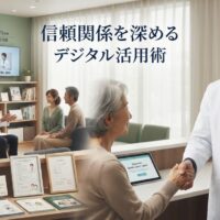 静かで格調高いモダンなクリニックで信頼構築を表現する16:9画像。右側約1/3に45〜55歳の経験豊富な男性クリニック院長が医院名刺繍入りの洗練された白衣を着用し、温かく信頼感のある笑顔で年老いた女性患者と握手している。もう片方の手でタブレットを持ち、患者関係履歴ダッシュボードを表示。背景には長期患者の夫婦がスタッフと健康相談、デジタル患者教育スクリーン、健康書籍棚が見える。デスクには個人的な患者ケアカード、長期患者からの手書きサンキューレター、家族健康記録アルバムが並ぶ。
