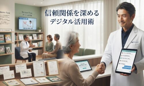 静かで格調高いモダンなクリニックで信頼構築を表現する16:9画像。右側約1/3に45〜55歳の経験豊富な男性クリニック院長が医院名刺繍入りの洗練された白衣を着用し、温かく信頼感のある笑顔で年老いた女性患者と握手している。もう片方の手でタブレットを持ち、患者関係履歴ダッシュボードを表示。背景には長期患者の夫婦がスタッフと健康相談、デジタル患者教育スクリーン、健康書籍棚が見える。デスクには個人的な患者ケアカード、長期患者からの手書きサンキューレター、家族健康記録アルバムが並ぶ。