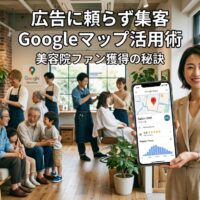温かく歓迎的な日本の美容院で、右側にサロンオーナーがスマートフォンでGoogleマップ(5つ星評価・多数のレビュー・高トラフィックの「混雑する時間帯」表示)を確認し、背景では多様な年齢の地域顧客がスタイリストと温かく会話している本物のコミュニティつながりの様子。
