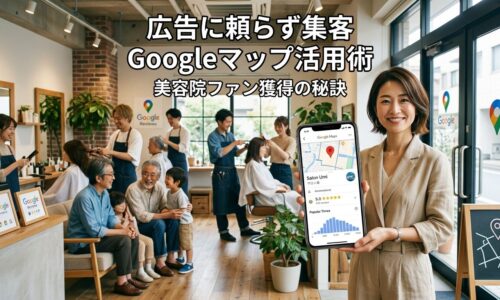 温かく歓迎的な日本の美容院で、右側にサロンオーナーがスマートフォンでGoogleマップ(5つ星評価・多数のレビュー・高トラフィックの「混雑する時間帯」表示)を確認し、背景では多様な年齢の地域顧客がスタイリストと温かく会話している本物のコミュニティつながりの様子。