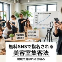 明るくモダンな日本の美容室で、右側に熱意あるスタイリストがスマートフォンで美しいヘアスタイルを撮影しSNSコンテンツを作成し、背景では幸せな顧客が新しいヘアスタイルをカメラに見せている活気あるオーガニックSNSマーケティングの様子。