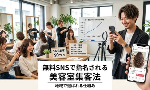 明るくモダンな日本の美容室で、右側に熱意あるスタイリストがスマートフォンで美しいヘアスタイルを撮影しSNSコンテンツを作成し、背景では幸せな顧客が新しいヘアスタイルをカメラに見せている活気あるオーガニックSNSマーケティングの様子。