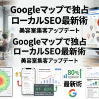 モダンな日本の美容室で、右側にサロンオーナーが大型モニターでGoogleマップのローカル検索結果(自社サロンが赤ピンで1位表示、競合は下位)を確認し、背景では高級サロン内で多様な地域顧客にスタッフが施術している地域市場支配の様子。
