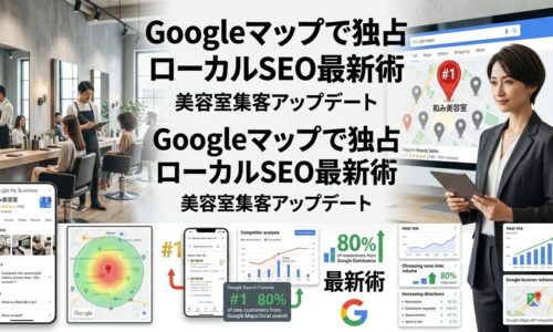 モダンな日本の美容室で、右側にサロンオーナーが大型モニターでGoogleマップのローカル検索結果(自社サロンが赤ピンで1位表示、競合は下位)を確認し、背景では高級サロン内で多様な地域顧客にスタッフが施術している地域市場支配の様子。