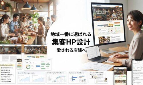 現代的な日本の地域ビジネスで、右側にビジネスオーナーが大型モニターで美しくデザインされたビジネスウェブサイト(地域重視・顧客レビュー・簡単ナビゲーション・強力なCTA要素)を確認し、背景では繁盛する地域店舗内で幸せな多様な地域顧客にサービスが提供されている良いウェブサイトがもたらす実世界の成功の様子。