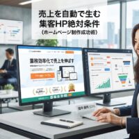 モダンなオフィスで日本人ビジネスオーナーがデュアルモニターで高コンバージョンWebサイト(明確なコンバージョンファネル・自動収益ストリーム分析・リアルタイム売上通知ダッシュボード)と自動化システムを確認している戦略的成功の様子。