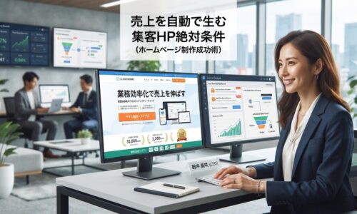 モダンなオフィスで日本人ビジネスオーナーがデュアルモニターで高コンバージョンWebサイト(明確なコンバージョンファネル・自動収益ストリーム分析・リアルタイム売上通知ダッシュボード)と自動化システムを確認している戦略的成功の様子。