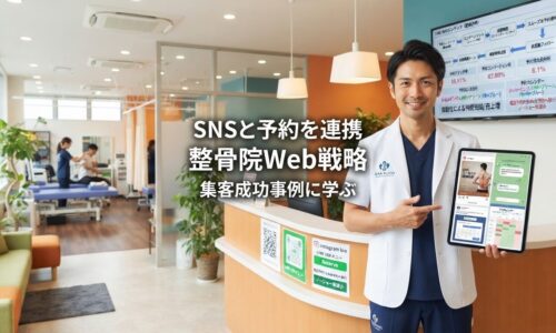 清潔でモダンな日本の整骨院で、右側に院長がタブレットで統合デジタルマーケティングダッシュボード(SNS投稿から予約システムへ直接接続)を確認し、背景ではプロフェッショナルな機器・治療ベッド・患者がいる待合エリアのある繁盛する治療院の様子。