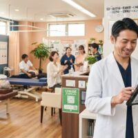温かく歓迎的な日本の整骨院で、右側に院長がタブレットで患者維持ダッシュボード(高いリピート訪問率・長期患者関係グラフ・安定収益ストリーム)を確認し、背景では多様な年齢の忠実な長期患者が治療を受けている強い患者関係とコミュニティ信頼の様子。