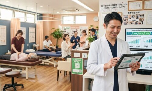 温かく歓迎的な日本の整骨院で、右側に院長がタブレットで患者維持ダッシュボード(高いリピート訪問率・長期患者関係グラフ・安定収益ストリーム)を確認し、背景では多様な年齢の忠実な長期患者が治療を受けている強い患者関係とコミュニティ信頼の様子。
