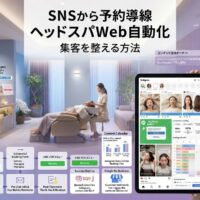 穏やかで美しい日本のヘッドスパサロンで、右側にエレガントなオーナーがタブレットで自動化マーケティングファネル(Instagram投稿からオンライン予約システムへの流れ)を確認し、背景では柔らかい照明・アロマセラピー要素・植物のある静かなスパ内装で顧客がリラックスした頭部トリートメントを受けているプレミアムウェルネス体験の様子。