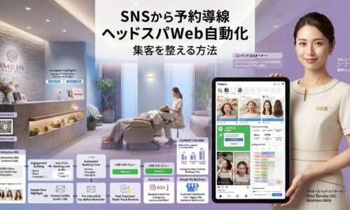穏やかで美しい日本のヘッドスパサロンで、右側にエレガントなオーナーがタブレットで自動化マーケティングファネル(Instagram投稿からオンライン予約システムへの流れ)を確認し、背景では柔らかい照明・アロマセラピー要素・植物のある静かなスパ内装で顧客がリラックスした頭部トリートメントを受けているプレミアムウェルネス体験の様子。