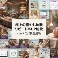 柔らかいゴールデンライトが差し込む極上の日本ヘッドスパで、右側に穏やかなセラピストがトリートメントチェアのリラックスした顧客に優しく頭皮施術を行い、背景では柔らかい照明・アロマセラピーディフューザーの優しいミスト・豊かな植物・自然木要素のある最高級リラクゼーション環境で複数の顧客が深いリラックス状態にある聖域のような癒やし空間の様子。