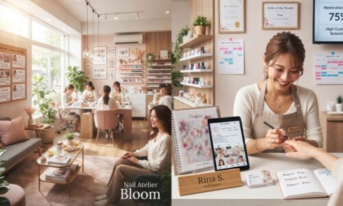 明るく美しくデザインされた日本のネイルサロンで、右側に才能あるネイルアーティストがネイルステーションで顧客の爪に集中してケアを行い温かい笑顔を見せ、背景では複数のネイルステーションで幸せな顧客に献身的なネイルアーティストがサービスを提供している強いアーティスト-顧客関係の繁盛ビジネスの様子。
