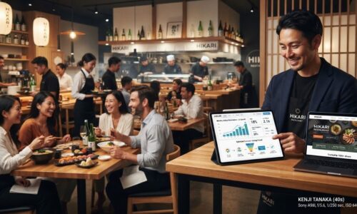 モダンな日本レストランで、右側にテクノロジーに精通したレストランオーナーがノートパソコン/タブレットでオンライン予約数が倍増したことを示す分析ダッシュボードと最適化された顧客ジャーニーファネルを確認し、背景ではクリーンな美学・温かい照明・オープンキッチンのある現代的なレストラン内装で幸せな顧客が食事をしている効果的なWeb戦略によるビジネス成功の様子。