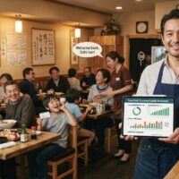 居心地の良い歓迎的な日本レストランで、右側に経験豊富なオーナーがタブレットで顧客維持ダッシュボード(高いリピート訪問率と安定した月次収益グラフ)を確認し、背景では温かい照明・木製要素・壁の常連客写真のある家族向け環境で多様な年齢の忠実な常連客がスタッフと旧友のように温かく食事し会話している強い顧客関係とコミュニティハブ雰囲気の様子。
