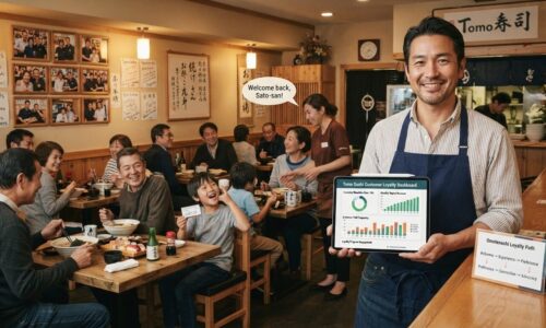 居心地の良い歓迎的な日本レストランで、右側に経験豊富なオーナーがタブレットで顧客維持ダッシュボード(高いリピート訪問率と安定した月次収益グラフ)を確認し、背景では温かい照明・木製要素・壁の常連客写真のある家族向け環境で多様な年齢の忠実な常連客がスタッフと旧友のように温かく食事し会話している強い顧客関係とコミュニティハブ雰囲気の様子。