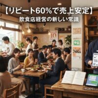 温かく居心地の良い日本のレストランで、右側に経験豊富なオーナー(35〜50歳)がタブレットで顧客維持ダッシュボード(リピート率60〜70%・安定月次収益上昇グラフ・顧客生涯価値・リピート訪問追跡)を確認している様子。背景には温かい照明・木製家具・壁の常連客写真がある家族向け雰囲気で、多様な年齢層の常連客(高齢者・若い家族・地域住民・ビジネスマン)がスタッフと旧友のように温かく食事し会話するコミュニティの集いの場。
