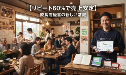 温かく居心地の良い日本のレストランで、右側に経験豊富なオーナー(35〜50歳)がタブレットで顧客維持ダッシュボード(リピート率60〜70%・安定月次収益上昇グラフ・顧客生涯価値・リピート訪問追跡)を確認している様子。背景には温かい照明・木製家具・壁の常連客写真がある家族向け雰囲気で、多様な年齢層の常連客(高齢者・若い家族・地域住民・ビジネスマン)がスタッフと旧友のように温かく食事し会話するコミュニティの集いの場。